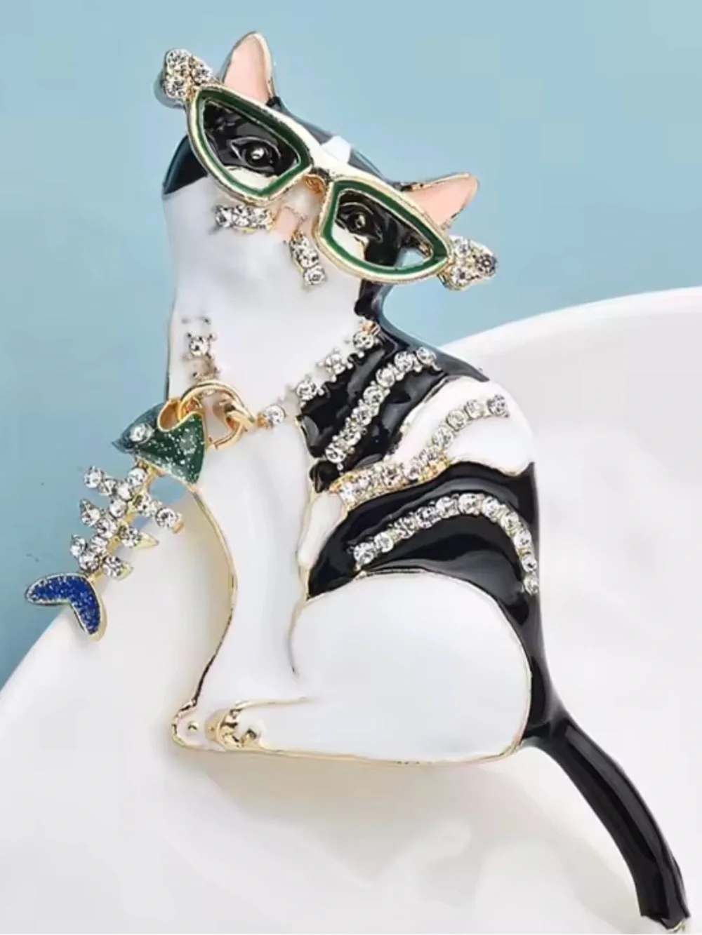 Anthropologie Black White Cat Brooch with Green Glasses and Gold Accents